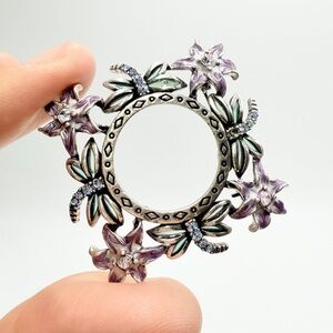 Vintage Dragonfly and Flower Wreath Brooch with Purple Enamel and Rhinestones